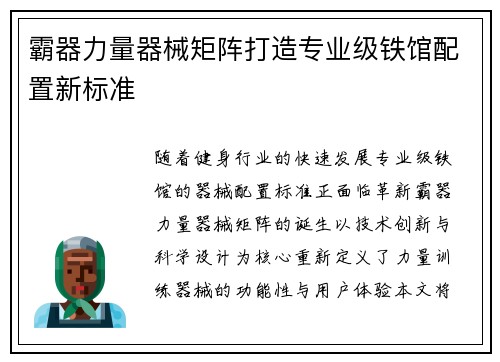 霸器力量器械矩阵打造专业级铁馆配置新标准